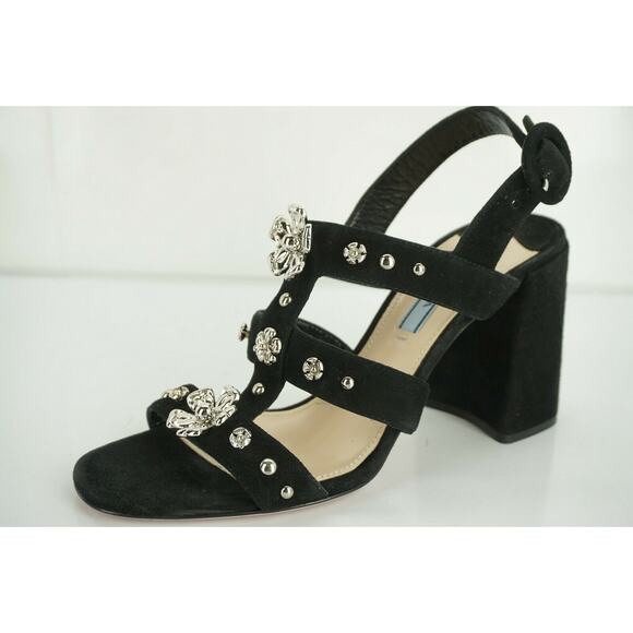 Prada Black Suede Silver Flower Studded Caged Strappy Sandals - Picture 2 of 10